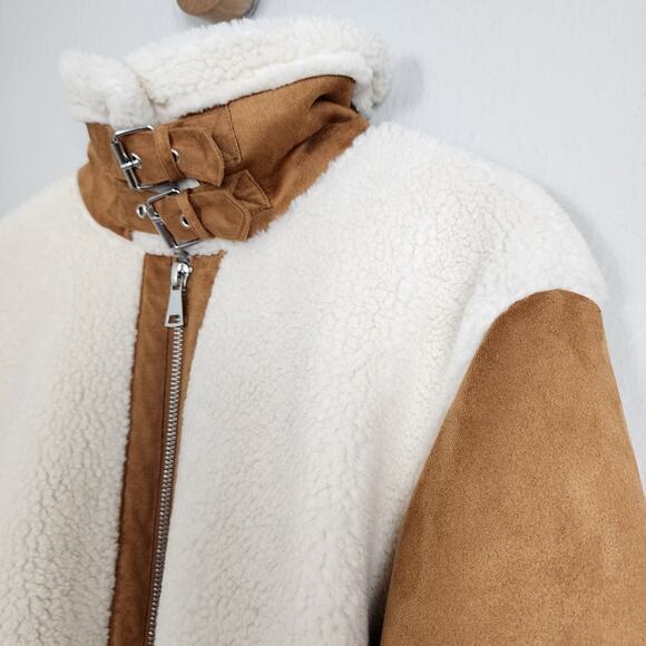 Love Tree Tan Faux Suede Sherpa Moto Jacket Aviator Biker Coat Camel Brown Large - Picture 11 of 11